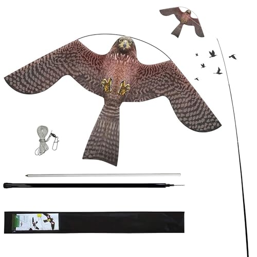 Flyonte Birds Scaring Hawk Flying Kite with Pole Simulated Hawk Flash Reflective Scare Wind Power Professional Pigeon Scarer Device for Outdoor Home Garden Farm Scarecrow