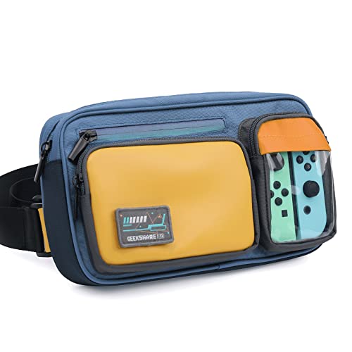 Geekshare Large Capacity Multifunctional Switch/Switch OLED Travel Carrying Case-Color Contrast Laser Messenger Bag Compatible with Nintendo Switch (Blue & Yellow)