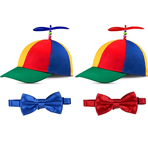 2 Pieces Adult Propeller Hat Helicopter Hat Rainbow Baseball Cap Funny Clown Hat and 2 Pieces Blue and Red Pre-Tied Bow Tie Adjustable Length Satin Bow Tie