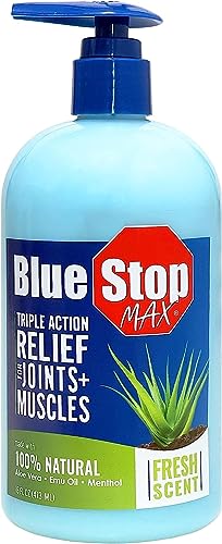 Blue Stop Max Muscle & Joint Relief Gel: Fast-Acting Sore Muscle, Back & Neck Relief Cream, Numbing Emu Oil Formula for Ankle, Leg Cramps, Tennis Elbow - 16 Oz Pump Bottle