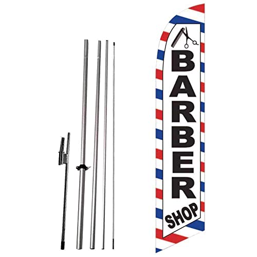 Cobb Promo Barber Shop (White) Feather Flag Eye Catching Banner Sign for Business and Marketing Complete Set with 15 ft Pole Kit and Ground Spike
