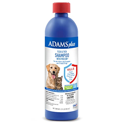 Adams Plus Flea & Tick Shampoo with Precor for Cats, Kittens, Dogs & Puppies Over 12 Weeks Of Age Sensitive Skin Flea Treatment | Kills Adult Fleas, Flea Eggs, Ticks, and Lice| 12 Ounces