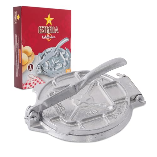 Estrella 7.5 inch Cast Iron Tortilla Press and Tostonera, Perfect for Mexican Food, Tortillas, Empanadas and Sopes, Silver Finish