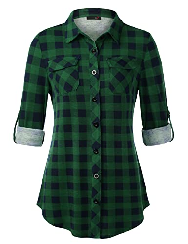 DJT Women's Classic Plaid Shirt Button Down Blouse Tunic Tops Large Green Plaid