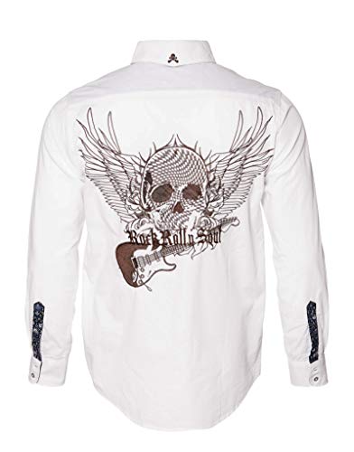 Rock Roll n Soul Men's Rock Shop Flying Skull Guitar Embroidered Long Sleeve Button-Up Shirt, White, 706W, XL