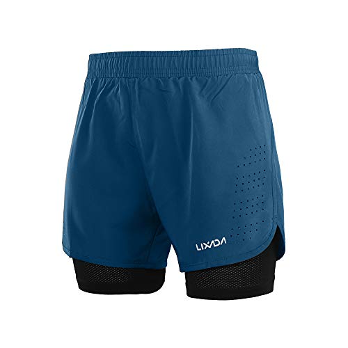 LIXADA Men's 2-in-1 Running Shorts Quick Drying Breathable Active Training Exercise Jogging Cycling Shorts with Longer Liner & Reflective Elements, Black/Blue/Green/Grey (Dark Blue, L)