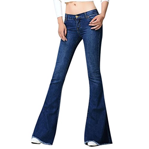 Fashion Story Women's Juniors Bell Bottom Mid Waist Fitted Denim Jeans Dark Blue