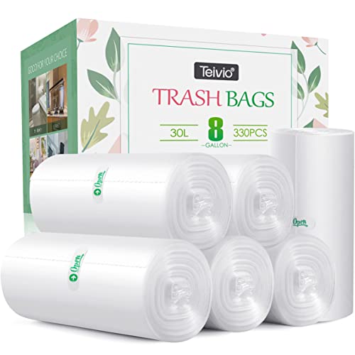 8 Gallon 330 Counts Strong Trash Bags Garbage Bags by Teivio, Bathroom Trash Can Bin Liners, Plastic Bags for home office kitchen, Clear