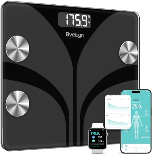 Scale for Body Weight, Bveiugn Digital Bathroom Smart Scale LED Display, 13 Body Composition Analyzer Sync Weight Scale BMI Health Monitor Sync Apps 400lbs - Black