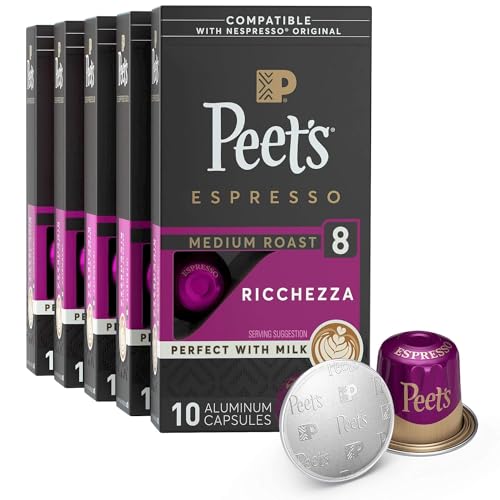 Peet's Coffee, Medium Roast Espresso Pods , Cafe Inspired Ricchezza Intensity 8, 10 Count (Pack of 5)
