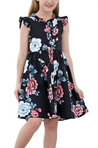 GORLYA Girl's Ruffle Trim Sleeve Button Down Floral Print Casual Vintage Midi Dress with Pockets for 4-12 Years Kids (GOR1022,11-12Y,Black Print)