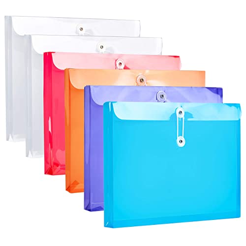 Plastic Letter Size Envelopes with Button & String Tie Closure, 1-1/6' Expansion, Side Load, Clear Poly Reusable File Folders Project Paper Documents Organizer for Office School Home (Color)