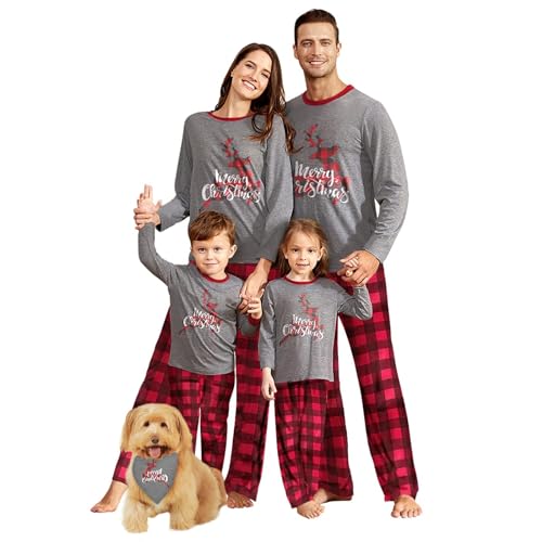 IFFEI Matching Family Pajamas Sets Christmas PJ's Sleepwear Merry Christmas Reindeer with Plaid Bottom with Pocket Women: M