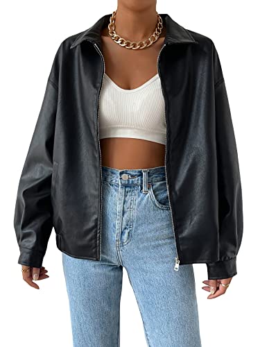 MakeMeChic Women's Faux Leather Shacket Long Sleeve Zip Up Motorcycle Jacket Biker Coat Zip Black M