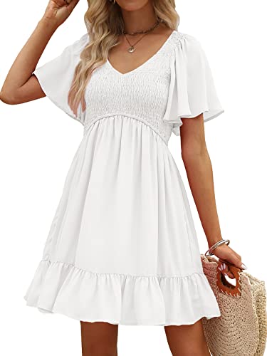 LILLUSORY White Graduation Dresses for Women Summer Dress 2024 Flowy Mini Dresses V Neck Modest Casual Beach Dresses