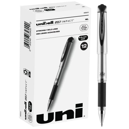 Uniball Signo 207 Impact Stick Gel Pen, 12 Black Pens, 1.0mm Bold Point Gel Pens| Office Supplies by Uni-ball like Ink Pens, Colored Pens, Fine Point, Smooth Writing Pens, Ballpoint Pens