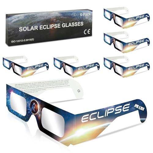 Solar Eclipse Glasses AAS Approved 2024,6 Pack Solar Eclipse Glasses for Direct Sun Viewing-ISO 12312-2:2015(E) & CE Certified(6 Pack)