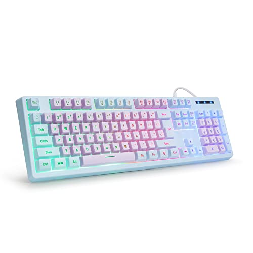 HUO JI Gaming Keyboard USB Wired with Rainbow LED Backlit, Floating Keys, Mechanical Feeling, Spill Resistant, Ergonomic for Xbox, PS Series, Desktop, Computer, PC, Purple Blue