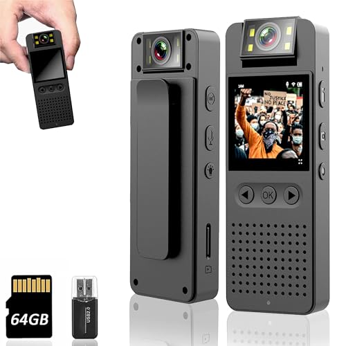 Body Camera with 1080P HD Recording 1.4 in Screen Recorder With 64GB Card, Flashlight Mode, Loop Record, 6HR Battery Life Wearable Cameras Police Cop Cam for Outdoor, Law Enforcement, Guard, Travel