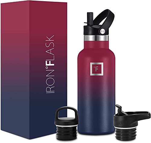 IRON °FLASK Sports Water Bottle - 16 Oz - 3 Lids (Narrow Straw Lid) - Leak Proof Vacuum Insulated Stainless Steel - Hot & Cold Double Walled Insulated Thermos - Valentines Day Gifts for Him or Her