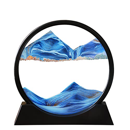 Arthink Moving Sand Art Picture in Motion Round Glass 3D Deep Sea Landscape, Dynamic Sand Art Sandscapes, Sensory Relaxing Desktop Table Decor Desk Decor Art Desk (7 inch, Blue)