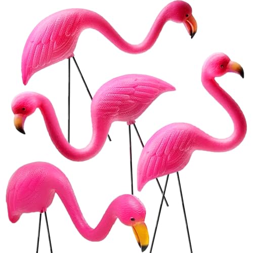 GIFTEXPRESS Pink Flamingos Yard Decorations - 4 Pack Small 14' Tall Plastic Flamingo Statue w/Metal Stakes - Lawn Ornaments & Garden Decor for Outdoor Parties