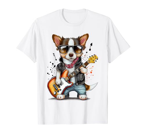 Cute Dog Puppy Playing Electric Guitar Rock 'n' Roll T-Shirt