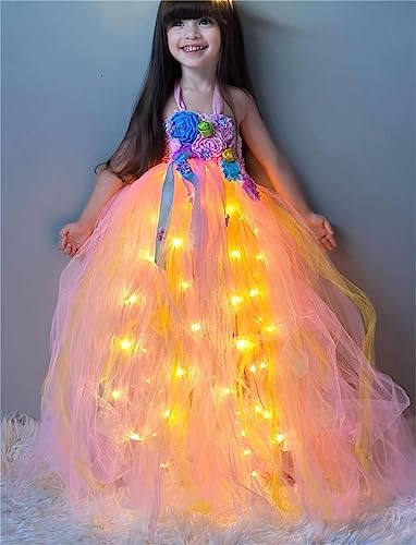 UPORPOR Light Up Dress Fairy Halloween Costume for Girls Princess Tulle Birthday Dress LED Costume Kids Toddler Dress Rainbow, 140