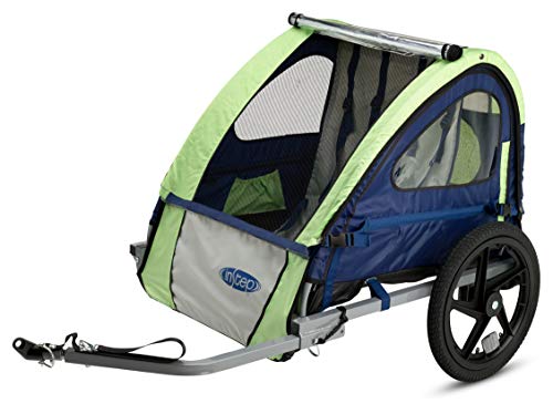 InStep Sync Kids Bike Trailer, Tow Behind Child Carrier, Foldable and Compact, Easy Storage, Bug Screen and Weather Shield Canopy, Safety Flag, 16-Inch Wheels, Double Seat, Blue/Green