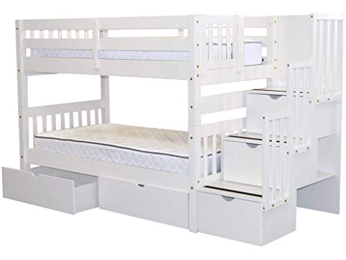 Bedz King Stairway Bunk Beds Twin over Twin with 3 Drawers in the Steps and 2 Under Bed Drawers - White