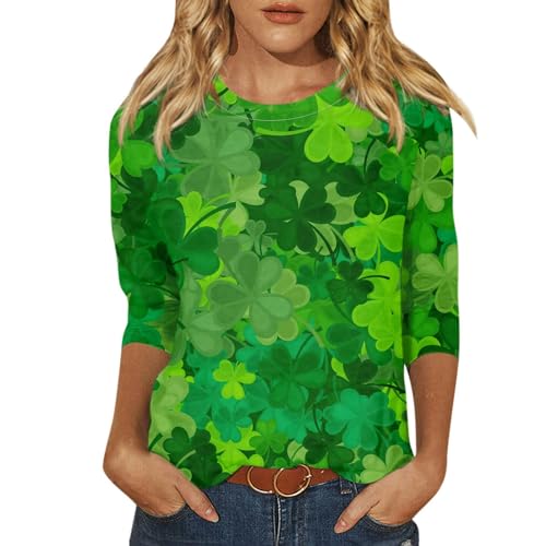 Sweatshirt for Women,St Patrick’S Day Shirt Women 3/4 Sleeve Round Neck Lucky Irish Tops Fashion Clover Printed Plus Sized Blouse Girls Trip T Shirts for Women 2024