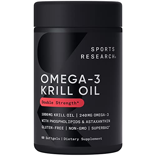 Sports Research Antarctic Krill Oil Omega 3 Softgels 1000mg (Double Strength) with Phospholipids, Choline & Astaxanthin - Sustainably Sourced, Non-GMO Verified & Gluten Free - 60 Capsules
