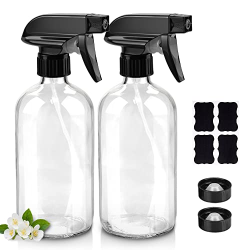 Worldgsb Glass Spray Bottles, 16oz Clear Glass Spray Bottles with Labels & Adjustable Nozzle, Reusable Containers for Cleaning Solutions, BBQ, Food, Plants, Alcohol, Essential Oils(2 Pack)