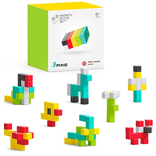 PIXIO-50 - Tiny Magnetic Blocks Building Toy in The Pixel Art style with free App - 5/16' plastic cubes with 6 magnets inside - Open ended toy - Creativity toy for Ages 6+