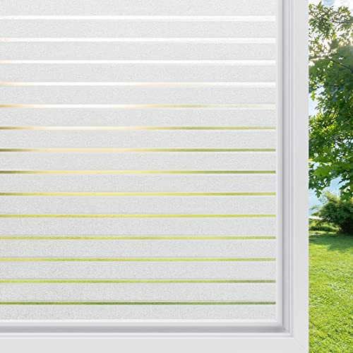 rabbitgoo Frosted Window Film Static Cling Decorative Glass Film Anti UV Window Privacy Film Non Adhesive Window Cling Door Cover for Home Office Meeting Room, Stripe Patterns, 17.5 x 78.7 inches