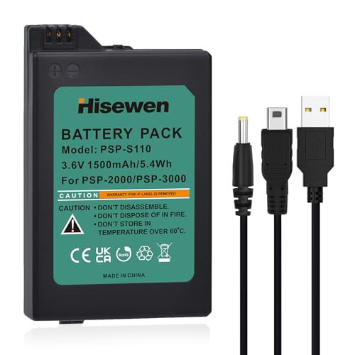 Hisewen 1500mAh 3.6V Lithium Ion Battery with PSP Charger Cable for Sony PSP 3000 / PSP Slim 2000 PSP-S110 Console, PSP-2001, PSP-3000, PSP-3001, PSP-3002, PSP-3004, PSP Slim Console