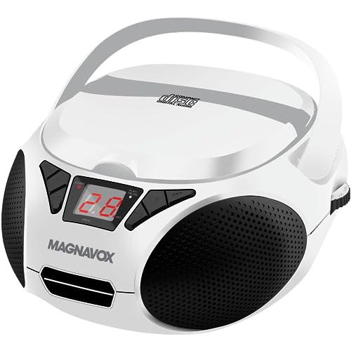 Magnavox MD6924 Portable Top Loading CD Boombox with AM/FM Stereo Radio in Black | CD-R/CD-RW Compatible | LED Display | AUX Port Supported | Programmable CD Player | (White)