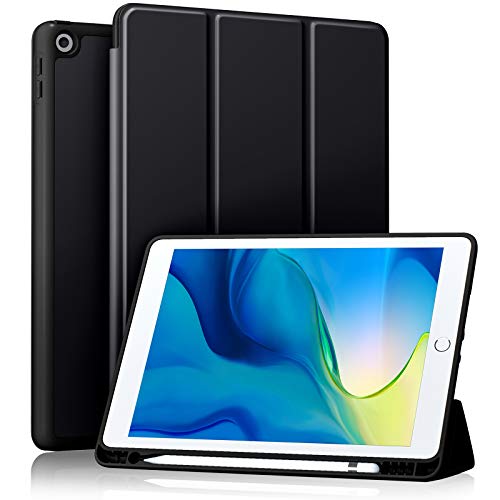 Akkerds Case Compatible with iPad 10.2 Inch 2021/2020 iPad 9th/8th Generation & 2019 iPad 7th Generation with Pencil Holder, Protective Case with Soft TPU Back, Auto Sleep/Wake Cover, Black