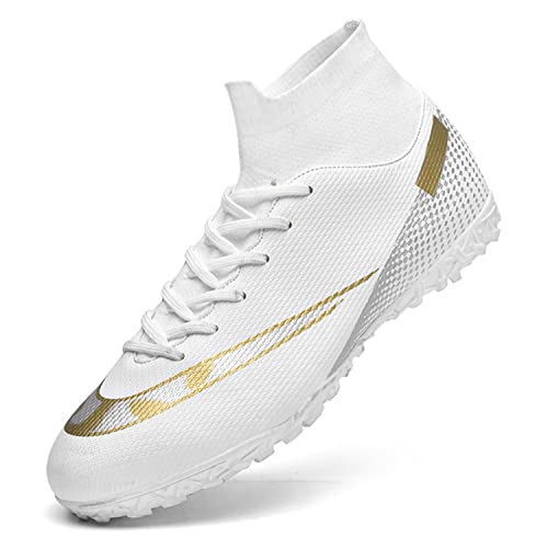 HaloTeam Men's Soccer Shoes Cleats Professional High-Top Breathable Athletic Football Boots for Outdoor Indoor TF/AG,R2150 White,7.5 US