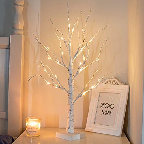 PEIDUO Artificial Tree for Table Decor, 2FT Birch Tree with LED Lights, Warm White Fairy Lights Spirit Tree Lamp for Home Indoor Tabletop Centerpiece, Battery Powered, Timer