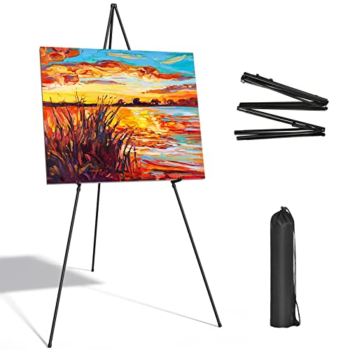 SunyesYoon Display Black Easel Stand for Wedding Sign - Artist Instant Tripod Collapsible Portable Floor Easel for Posters- 63' Adjustable Easy Folding Metal Stand for Display Show, Arts, Painting