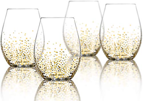 Trinkware Wine Glass - Stemless Wine Glass Set of 4 - Wine Glass Tumbler - 16oz Red Wine Glass - Stemless Wine Glass With Gold Dot Design Goldosa Collection