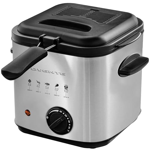OVENTE Electric Deep Fryer 1.5 Liter Capacity, Lid with Viewing Window, Removable Frying Basket, Adjustable Temperature, Cool Touch Handles and Easy to Clean Stainless Steel Body, Silver FDM1501BR
