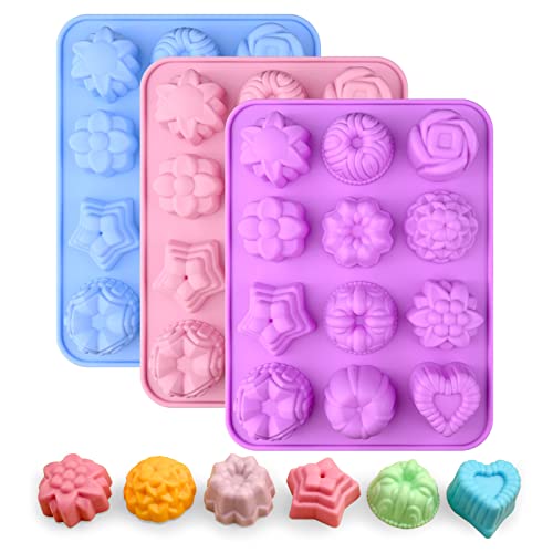 Sakolla 3 Pack Flower Soap Molds, 12 Cavities Different Shapes Silicone Molds for Soap, Lotion Bar, Bath Bombs, Chocolate, Candy