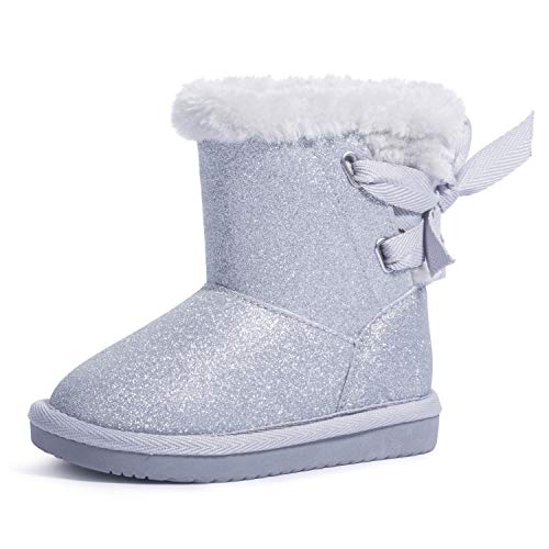 KRABOR Girls Glitter Snow Boots Cotton Lining Warm Winter Non~Slip Shoes with Cute Bow for Toddlers/Little Kid (Silver Size 12)