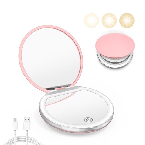 Kakuje Compact Mirror with Light, 1X/3X Magnification LED Pocket Mirror with USB Data Cable, Pink Mini Mirror for Purse, Pocket,Travel and Gift