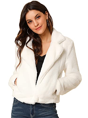 Allegra K Women's Cropped Faux Fur Jacket Lapel Cardigan Shrug 2023 Winter Fluffy Faux Fur Coat Small White