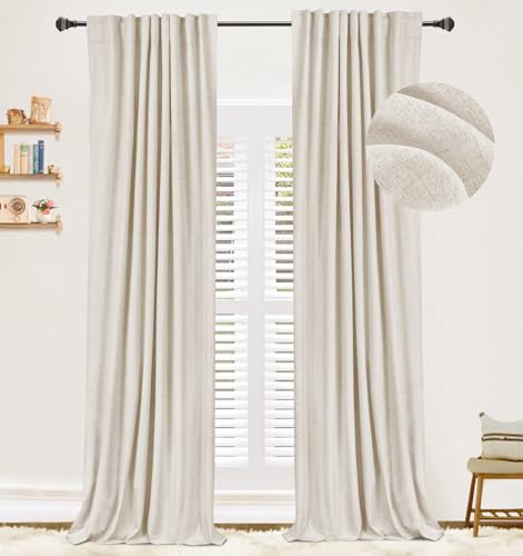 100% Blackout Shield Linen Blackout Curtains 84 inches Long,Back Tab/Rod Pocket Thermal Insulated Blackout Curtains for Bedroom/Living Room,Energy Efficient Drapes,52' W x 84' L,Cream