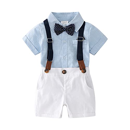 Baby Boys Gentleman Outfits Suits, Infant Shirt+Shorts+Bow Tie+Suspender Clothes Set,9-12M