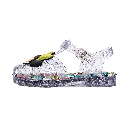 Mini Melissa Possession Disney Jelly Shoe for Kids - Iconic 90s Original Jelly Shoe Featuring Mickey and Minnie Mouse Applique, Transparent Fisherman Sandal for Kids, Glitter Clear, 11, Glitter Clear, 12